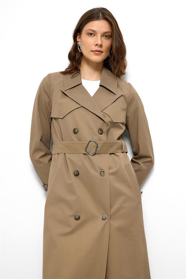 معطف ترنش طويل مزدوج الصدر مقاوم للماء مع تفاصيل كيب فيزون 6761