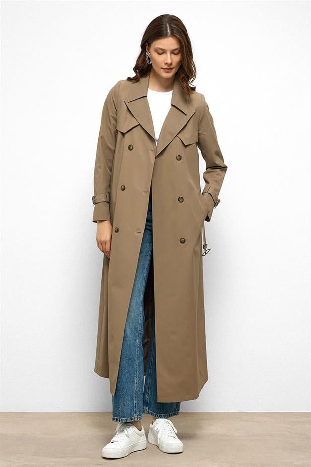 معطف ترنش طويل مزدوج الصدر مقاوم للماء مع تفاصيل كيب فيزون 6761