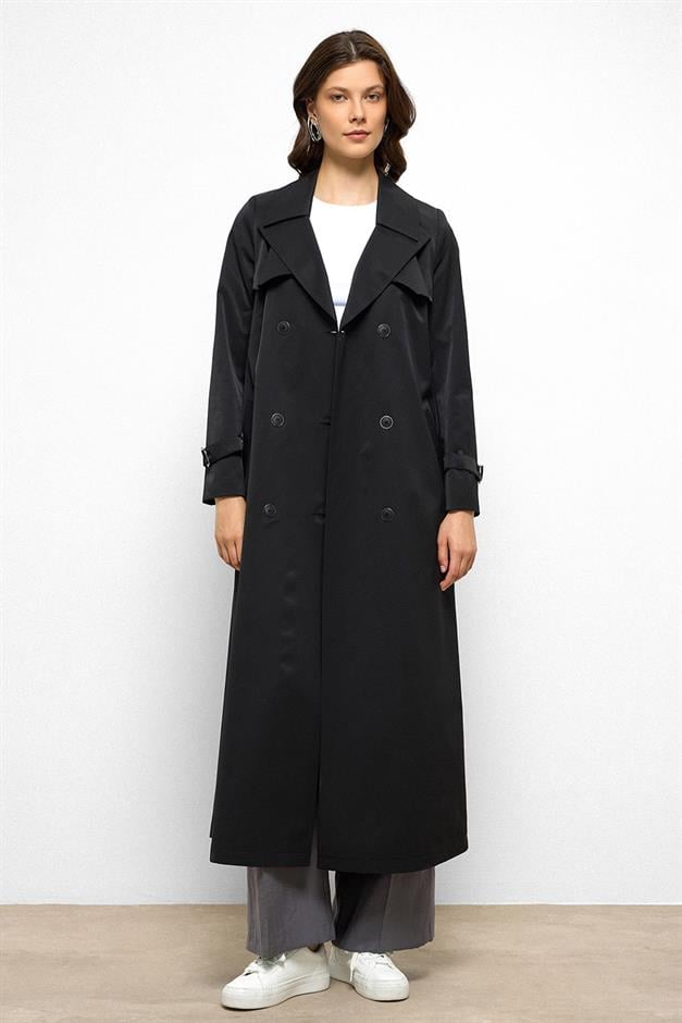 معطف ترنش طويل مزدوج الصدر مقاوم للماء مع تفاصيل كيب أسود 6761