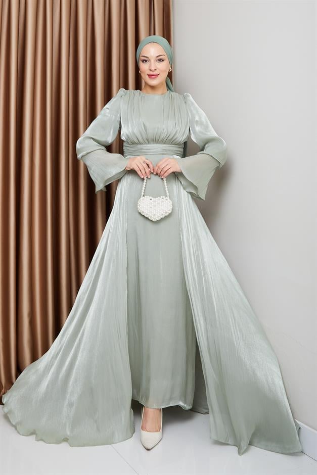 فستان سهرة حرير من يوريو مع تنورة كيب أخضر فاتح 1235