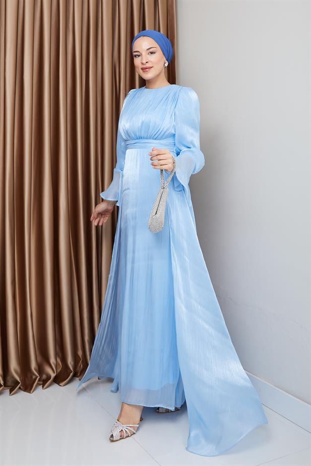 فستان سهرة حرير من يوريو مع تنورة كيب أزرق فاتح 1235