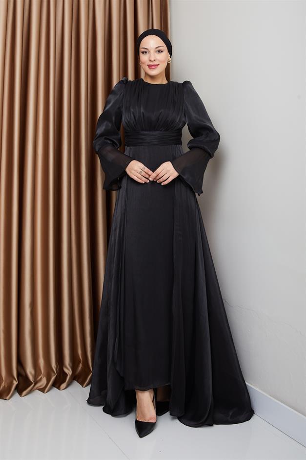 فستان سهرة حرير من يوريو مع تنورة كيب أسود 1235