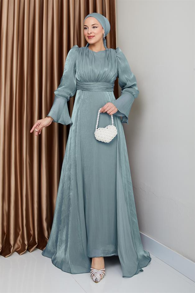 فستان سهرة حرير من يوريو مع تنورة كيب أخضر مائي 1235