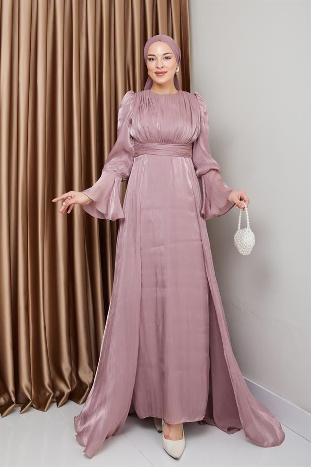 فستان سهرة حرير من يوريو مع تنورة كيب وَردَة 1235