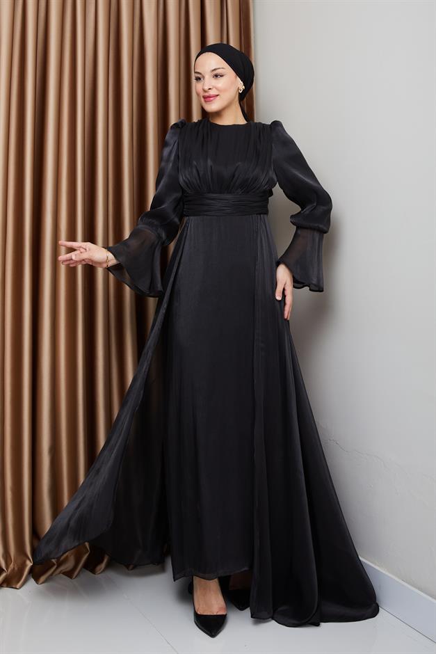 فستان سهرة حرير من يوريو مع تنورة كيب أسود 1235