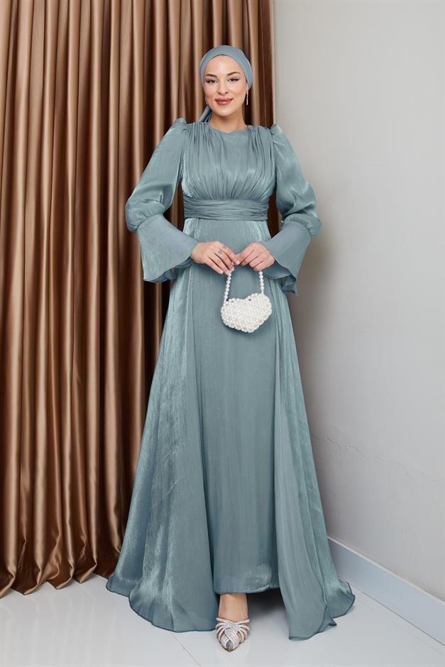 فستان سهرة حرير من يوريو مع تنورة كيب أخضر مائي 1235