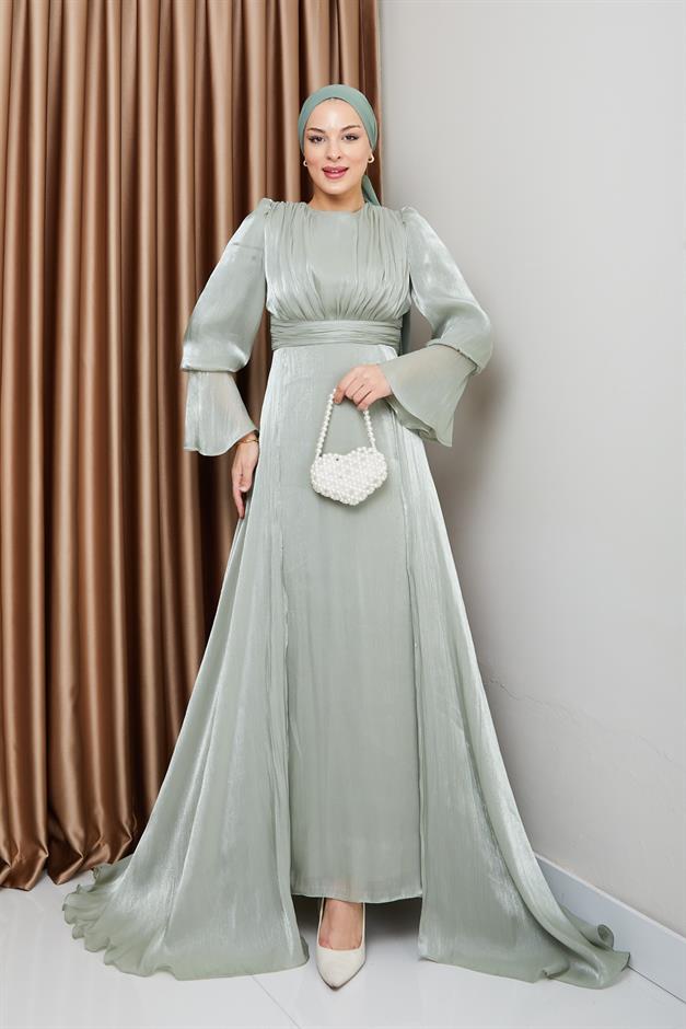فستان سهرة حرير من يوريو مع تنورة كيب أخضر فاتح 1235