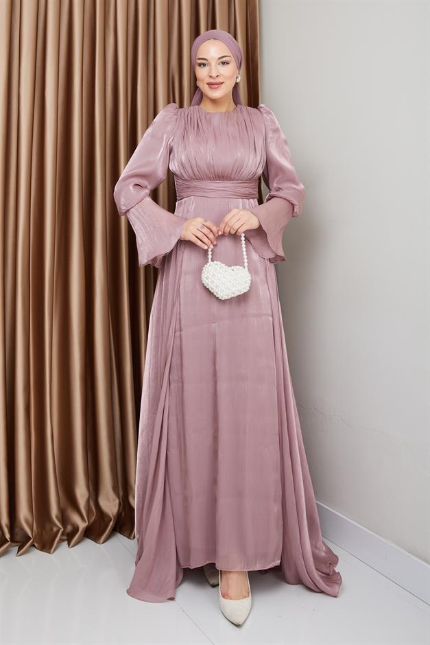 فستان سهرة حرير من يوريو مع تنورة كيب وَردَة 1235