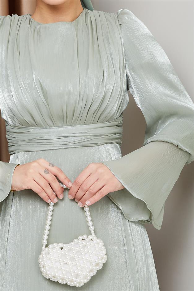 فستان سهرة حرير من يوريو مع تنورة كيب أخضر فاتح 1235