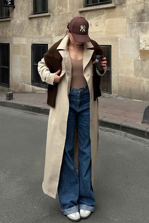 Pelerin ve Apolet Detaylı Astarsız Oversize Trençkot BEJ 6696
