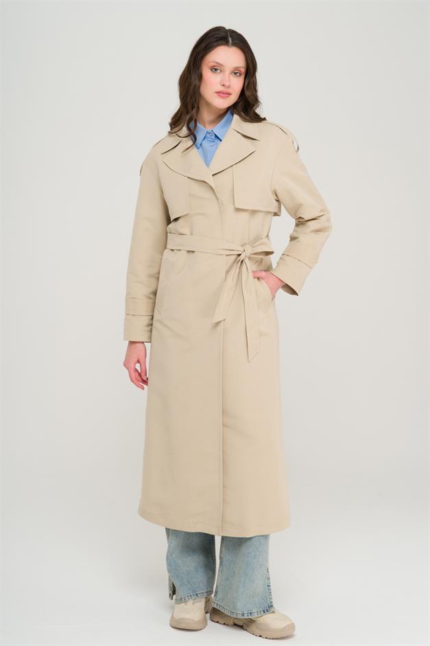 Pelerin ve Apolet Detaylı Astarsız Oversize Trençkot BEJ 6696