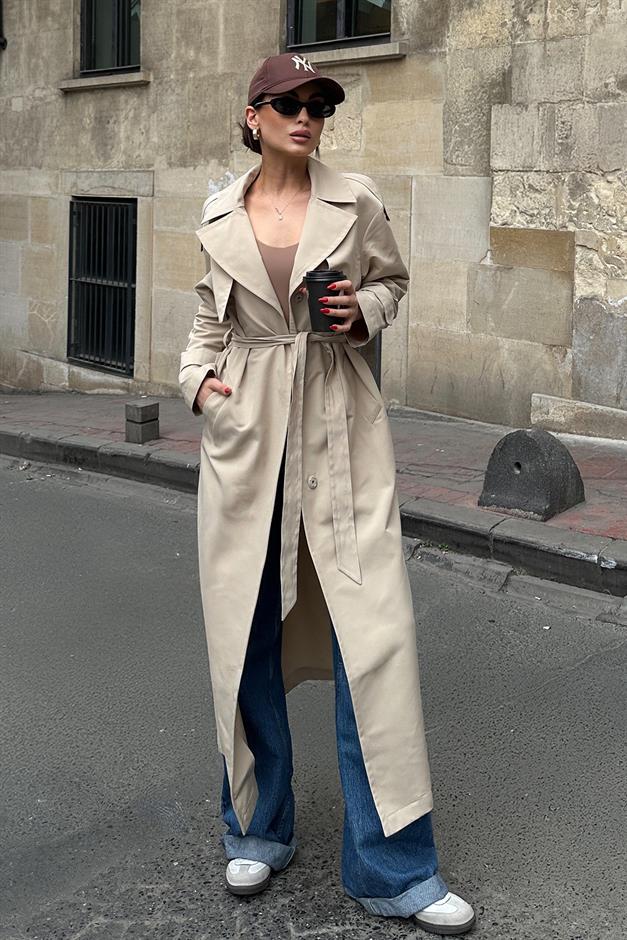 Pelerin ve Apolet Detaylı Astarsız Oversize Trençkot BEJ 6696