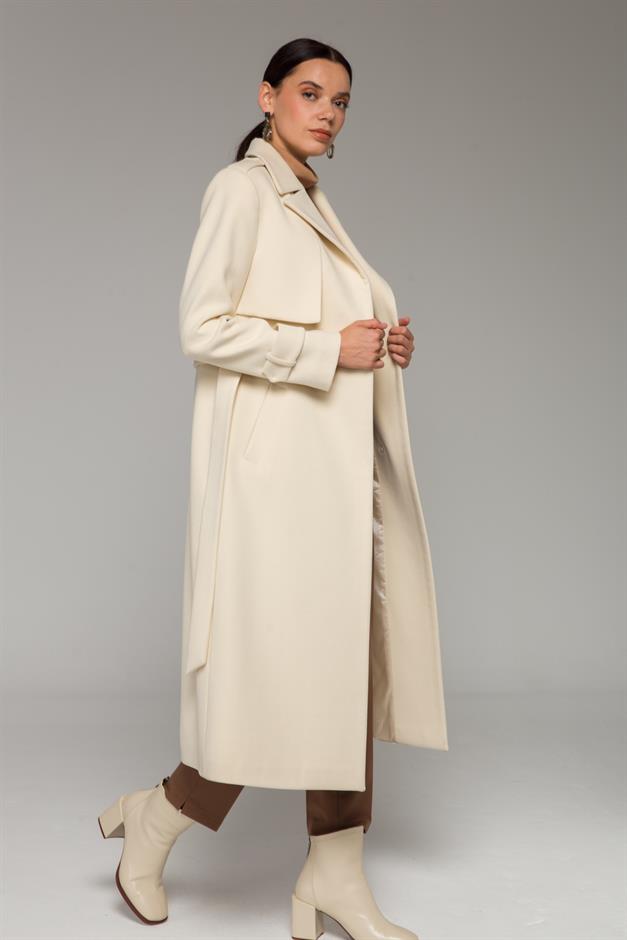 Mid-Length Coat with Cape and Epaulette Detail and Snap Closure IVORY 3771