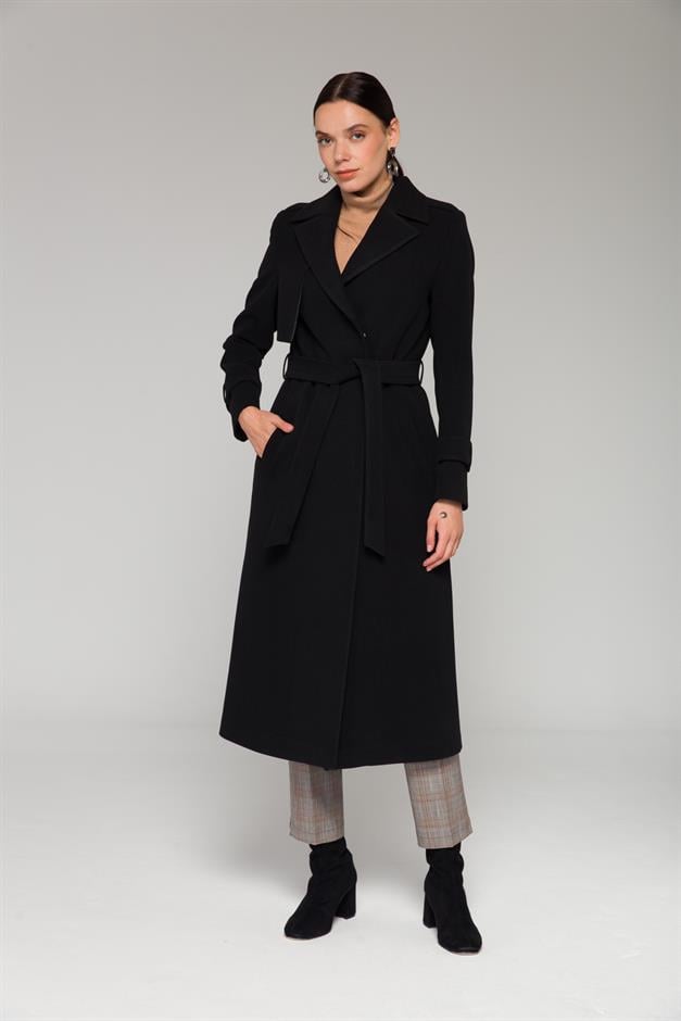 Mid-Length Coat with Cape and Epaulette Detail and Snap Closure BLACK 3771