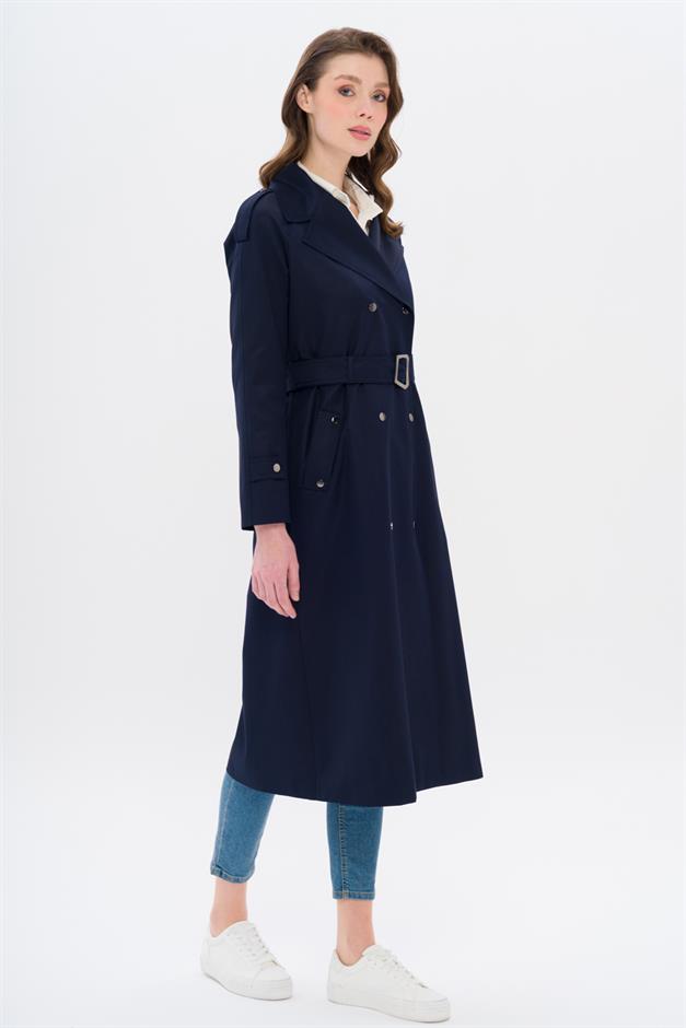 Water-Repellent Trench Coat with Cape and Epaulette Detail and Snap Closure NAVY 6709