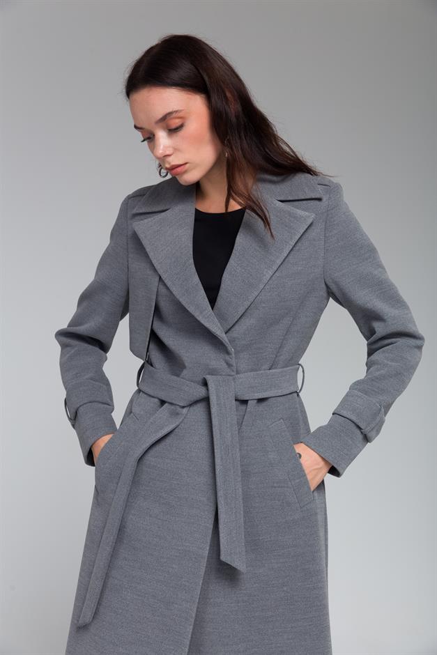 Mid-Length Coat with Cape and Epaulette Detail and Snap Closure GREY 3771