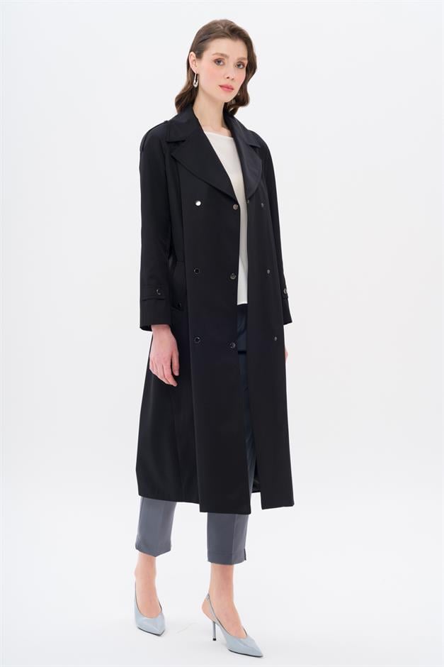 Water-Repellent Trench Coat with Cape and Epaulette Detail and Snap Closure BLACK 6709