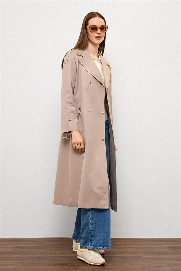 Water-Repellent Trench Coat with Cape and Epaulette Detail and Snap Closure STONE 6709