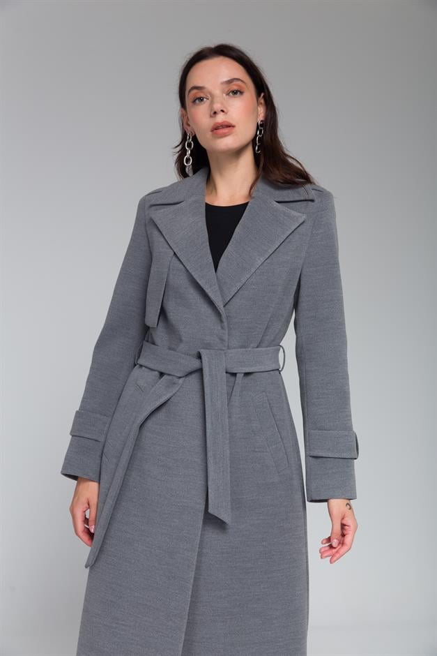Mid-Length Coat with Cape and Epaulette Detail and Snap Closure GREY 3771