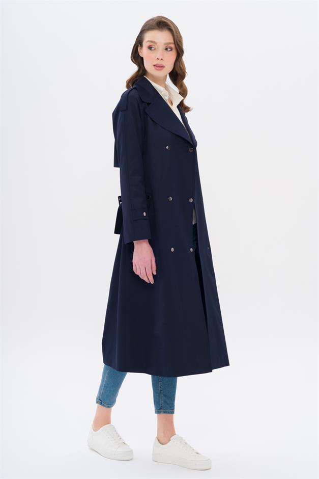 Water-Repellent Trench Coat with Cape and Epaulette Detail and Snap Closure NAVY 6709