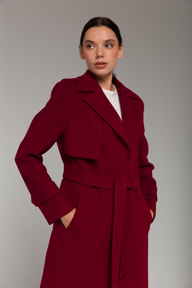 Mid-Length Coat with Cape and Epaulette Detail and Snap Closure CRIMSON 3771