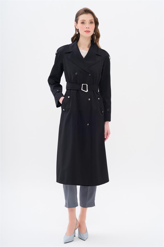 Water-Repellent Trench Coat with Cape and Epaulette Detail and Snap Closure BLACK 6709