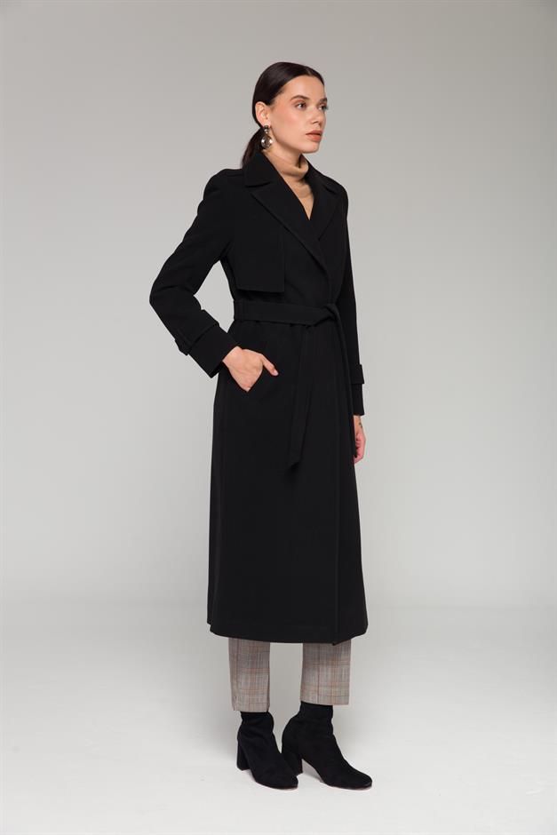 Mid-Length Coat with Cape and Epaulette Detail and Snap Closure BLACK 3771