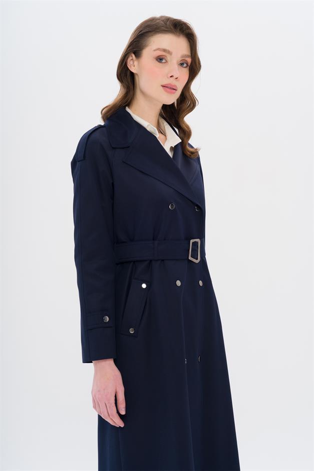 Water-Repellent Trench Coat with Cape and Epaulette Detail and Snap Closure NAVY 6709