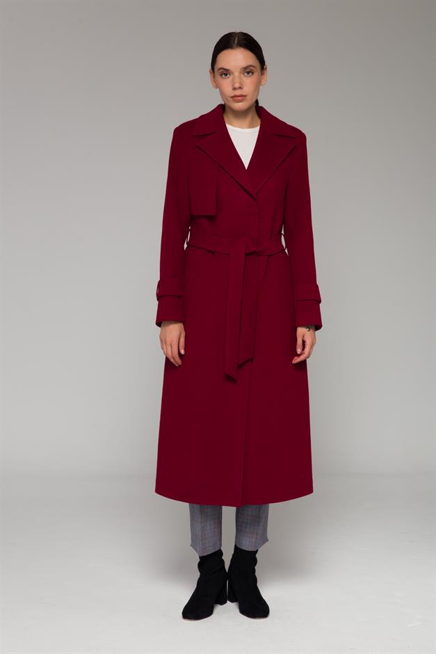 Mid-Length Coat with Cape and Epaulette Detail and Snap Closure CRIMSON 3771