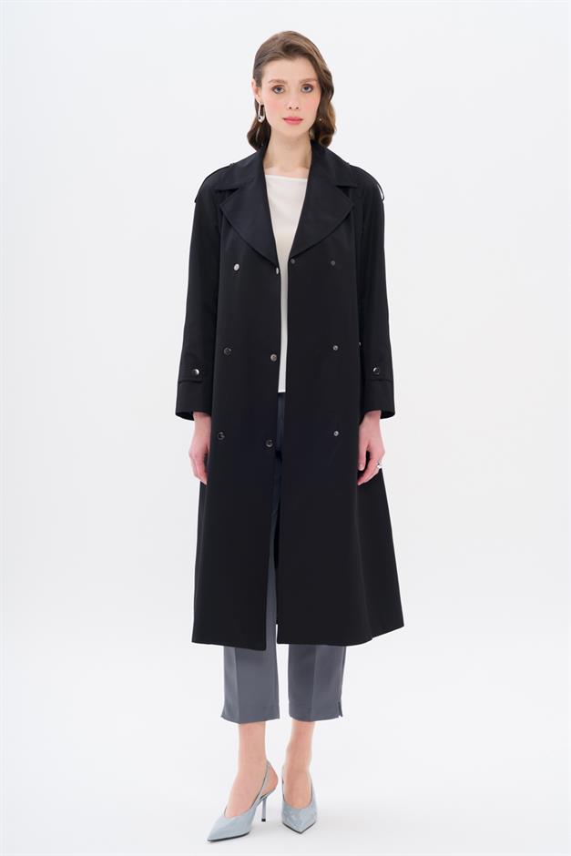 Water-Repellent Trench Coat with Cape and Epaulette Detail and Snap Closure BLACK 6709