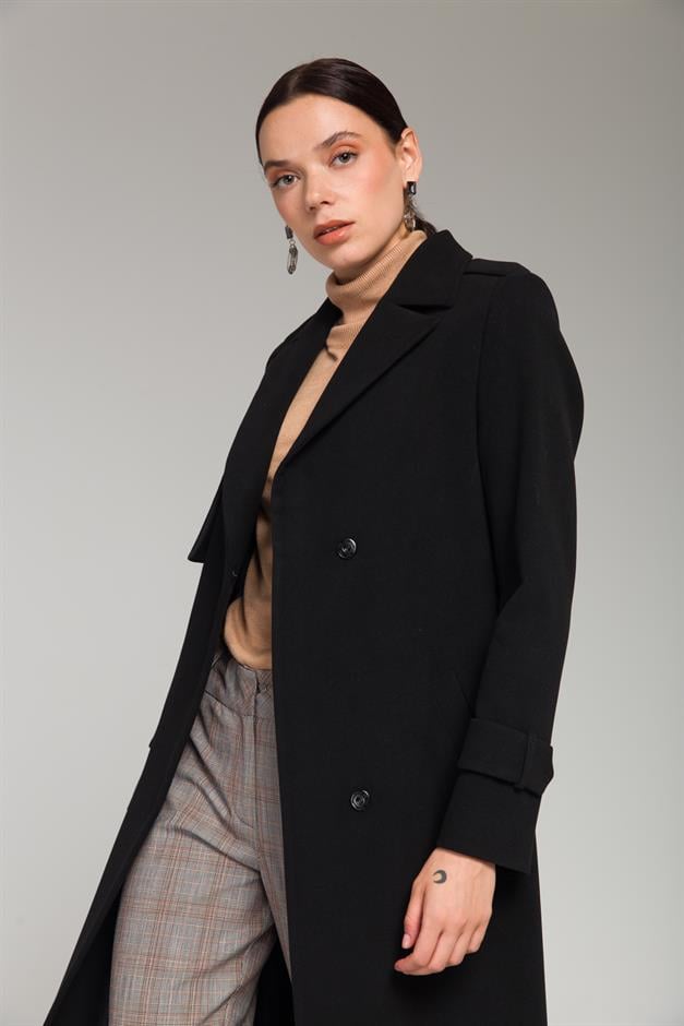 Mid-Length Coat with Cape and Epaulette Detail and Snap Closure BLACK 3771