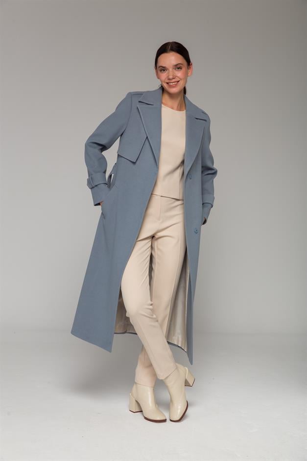 Mid-Length Coat with Cape and Epaulette Detail and Snap Closure BLUE 3771