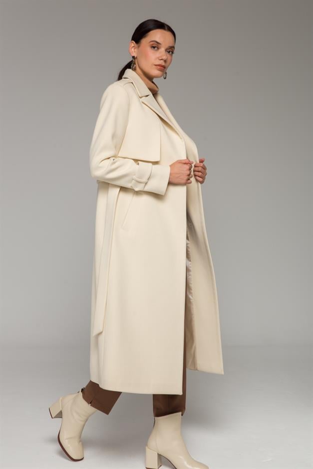 Mid-Length Coat with Cape and Epaulette Detail and Snap Closure IVORY 3771
