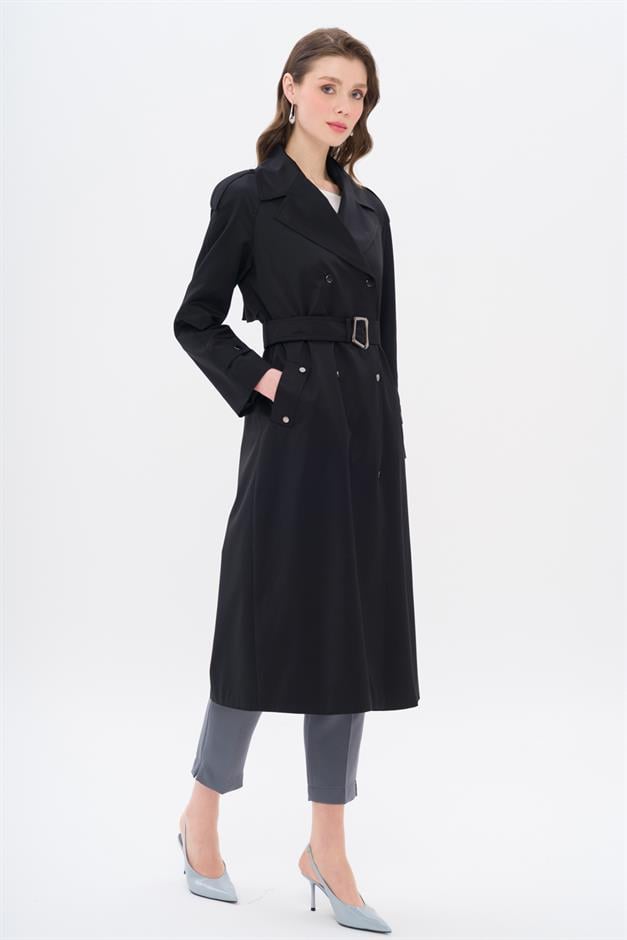 Water-Repellent Trench Coat with Cape and Epaulette Detail and Snap Closure BLACK 6709