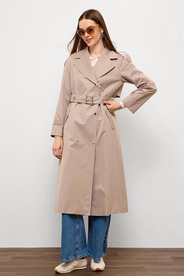 Water-Repellent Trench Coat with Cape and Epaulette Detail and Snap Closure STONE 6709