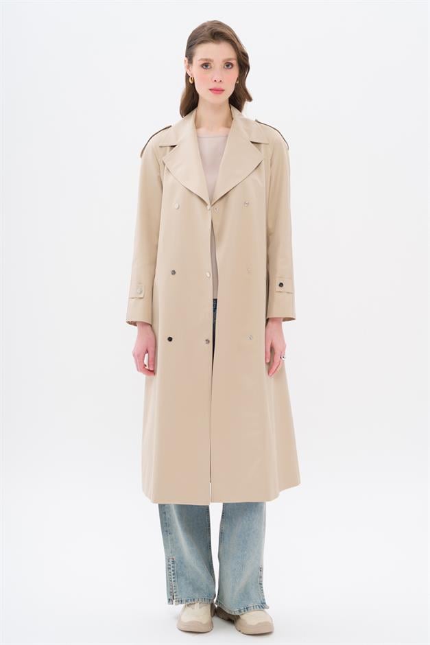Water-Repellent Trench Coat with Cape and Epaulette Detail and Snap Closure IVORY 6709
