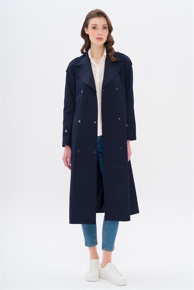 Water-Repellent Trench Coat with Cape and Epaulette Detail and Snap Closure NAVY 6709