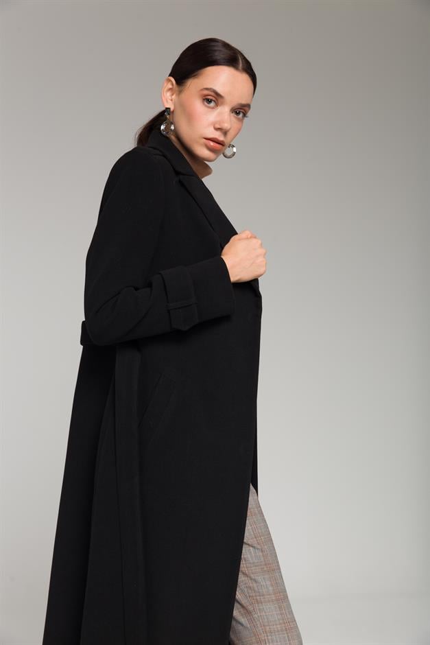 Mid-Length Coat with Cape and Epaulette Detail and Snap Closure BLACK 3771
