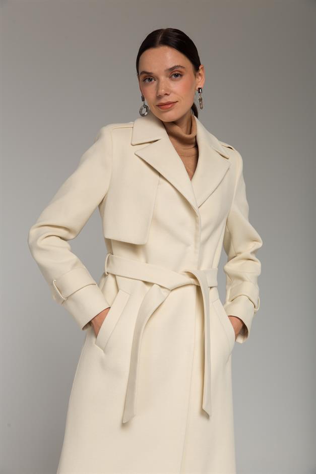 Mid-Length Coat with Cape and Epaulette Detail and Snap Closure IVORY 3771