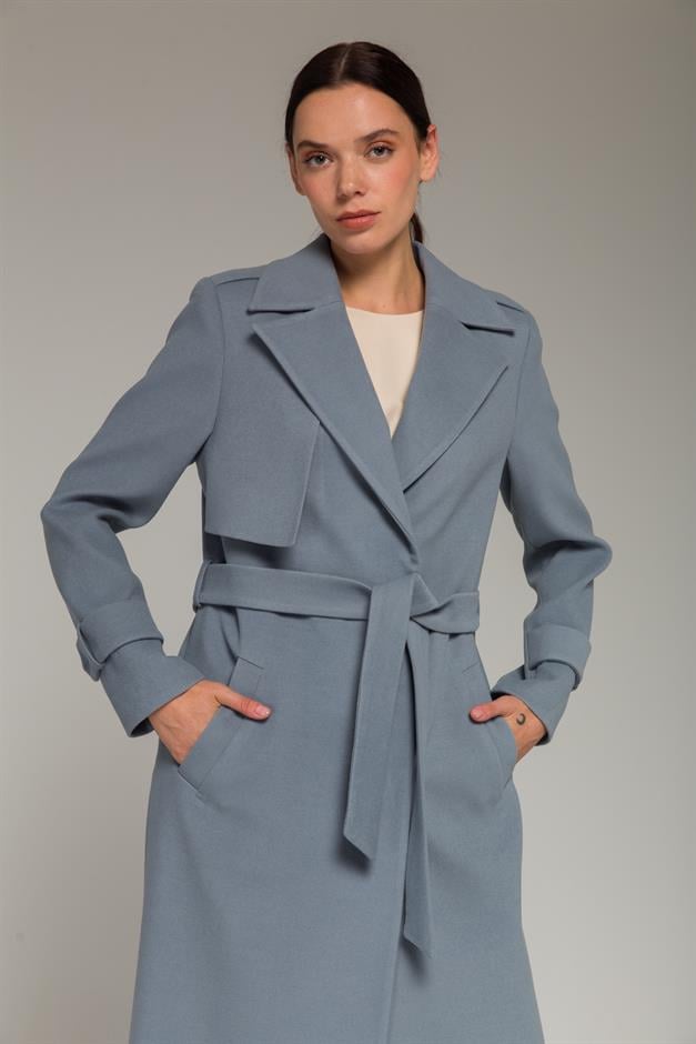 Mid-Length Coat with Cape and Epaulette Detail and Snap Closure BLUE 3771