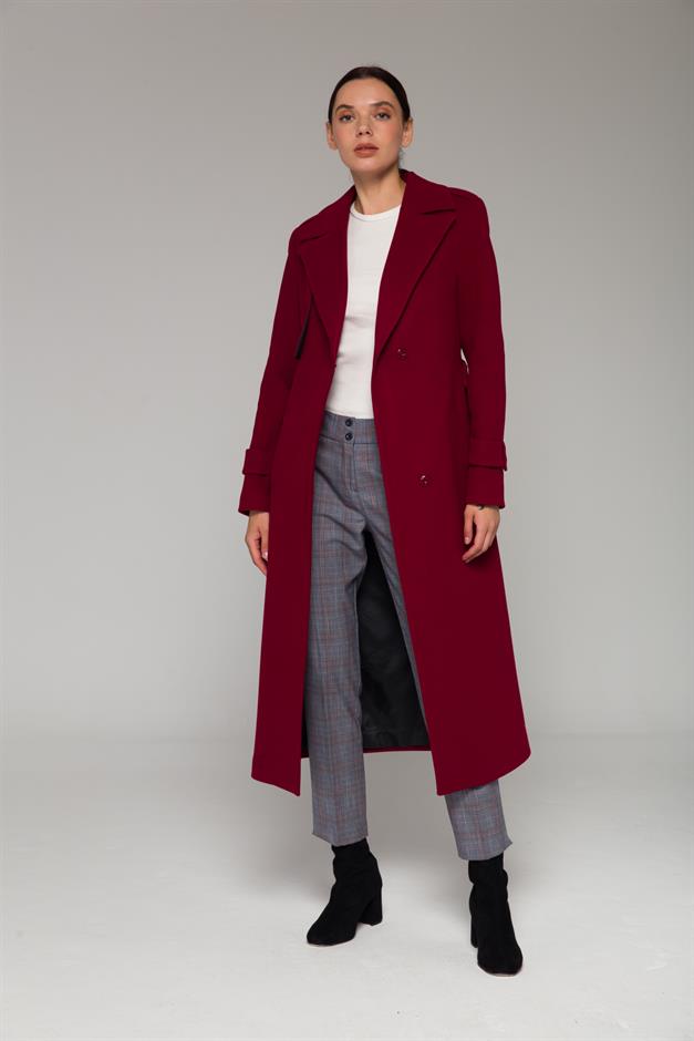 Mid-Length Coat with Cape and Epaulette Detail and Snap Closure CRIMSON 3771