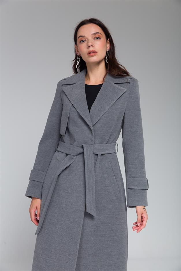 Mid-Length Coat with Cape and Epaulette Detail and Snap Closure GREY 3771