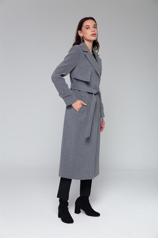 Mid-Length Coat with Cape and Epaulette Detail and Snap Closure GREY 3771