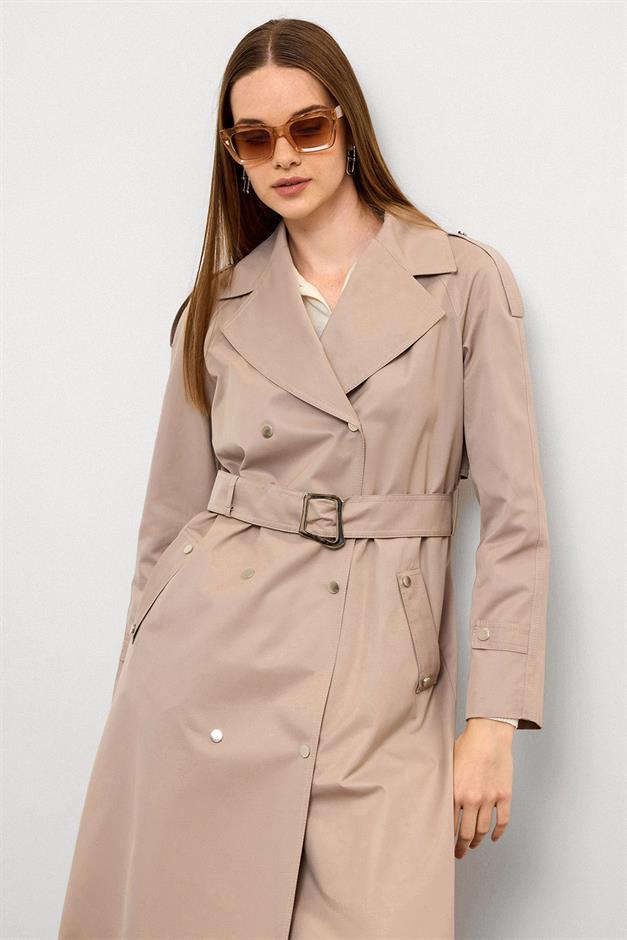 Water-Repellent Trench Coat with Cape and Epaulette Detail and Snap Closure STONE 6709