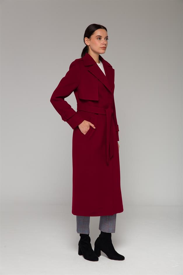 Mid-Length Coat with Cape and Epaulette Detail and Snap Closure CRIMSON 3771