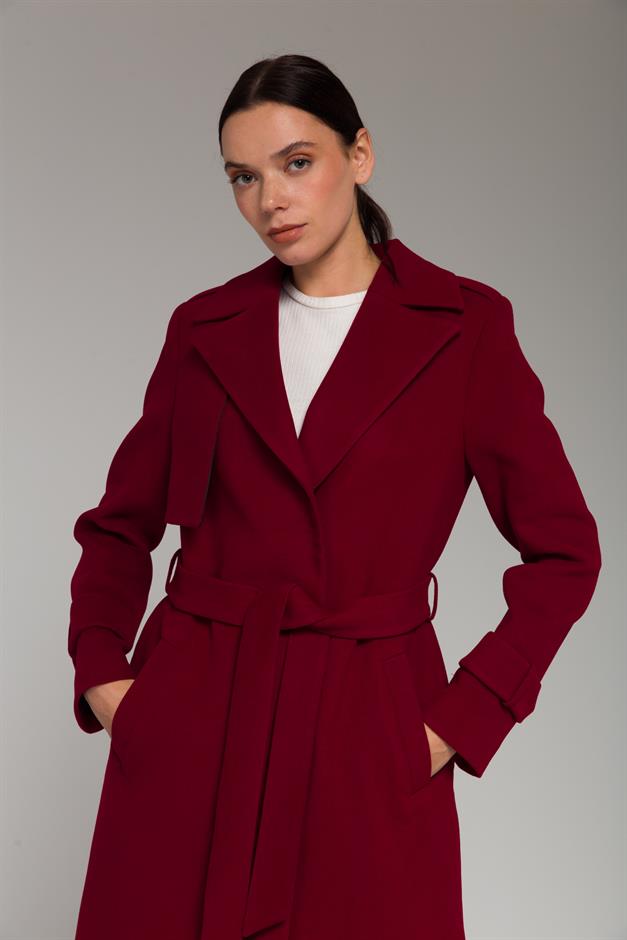 Mid-Length Coat with Cape and Epaulette Detail and Snap Closure CRIMSON 3771