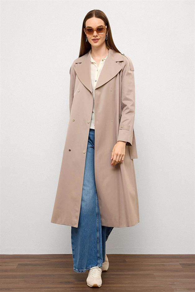 Water-Repellent Trench Coat with Cape and Epaulette Detail and Snap Closure STONE 6709