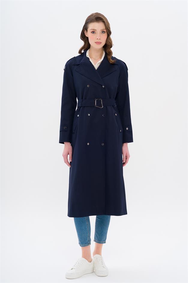 Water-Repellent Trench Coat with Cape and Epaulette Detail and Snap Closure NAVY 6709