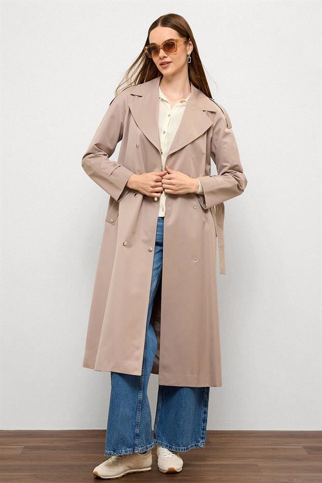 Water-Repellent Trench Coat with Cape and Epaulette Detail and Snap Closure STONE 6709