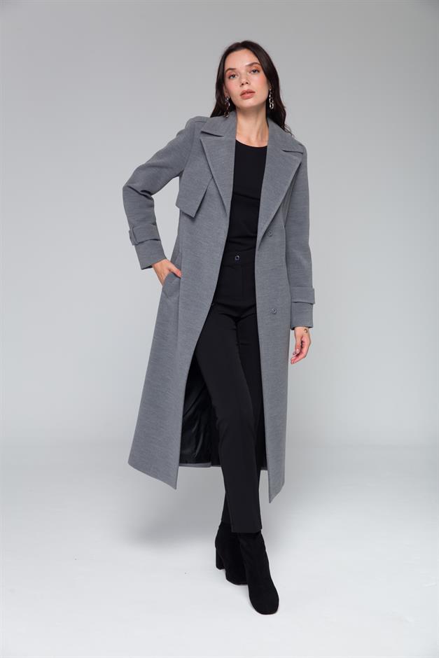 Mid-Length Coat with Cape and Epaulette Detail and Snap Closure GREY 3771